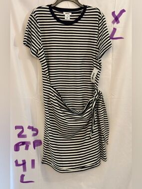 DKNY Black & White Striped Tie-Side Mini Dress